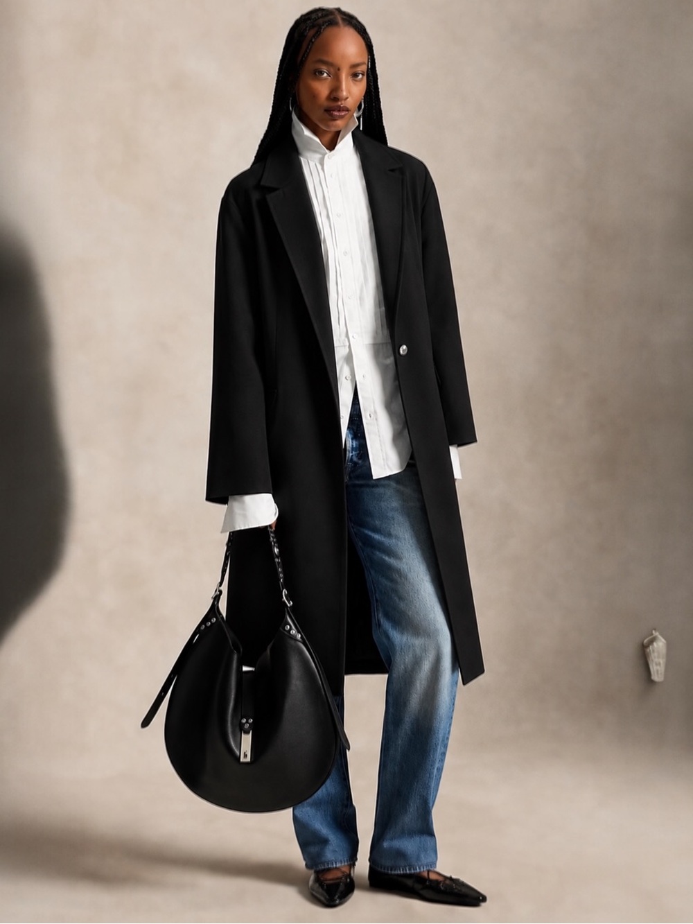 Black Oversized Unfitted Trench Coat Duster Jacket Long Minimalist - Large